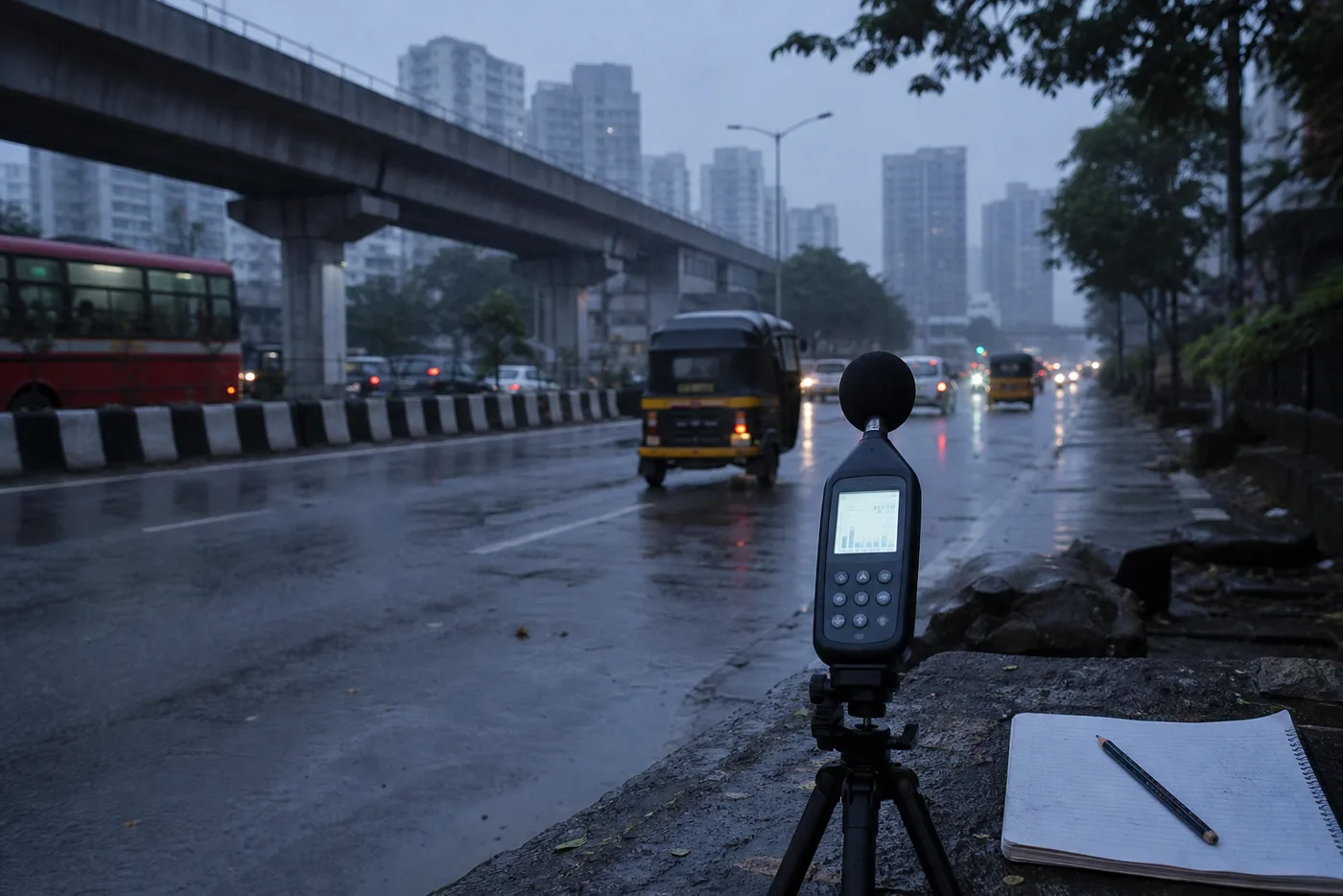 An environmental sound meter beside a rain-wet Thane arterial road