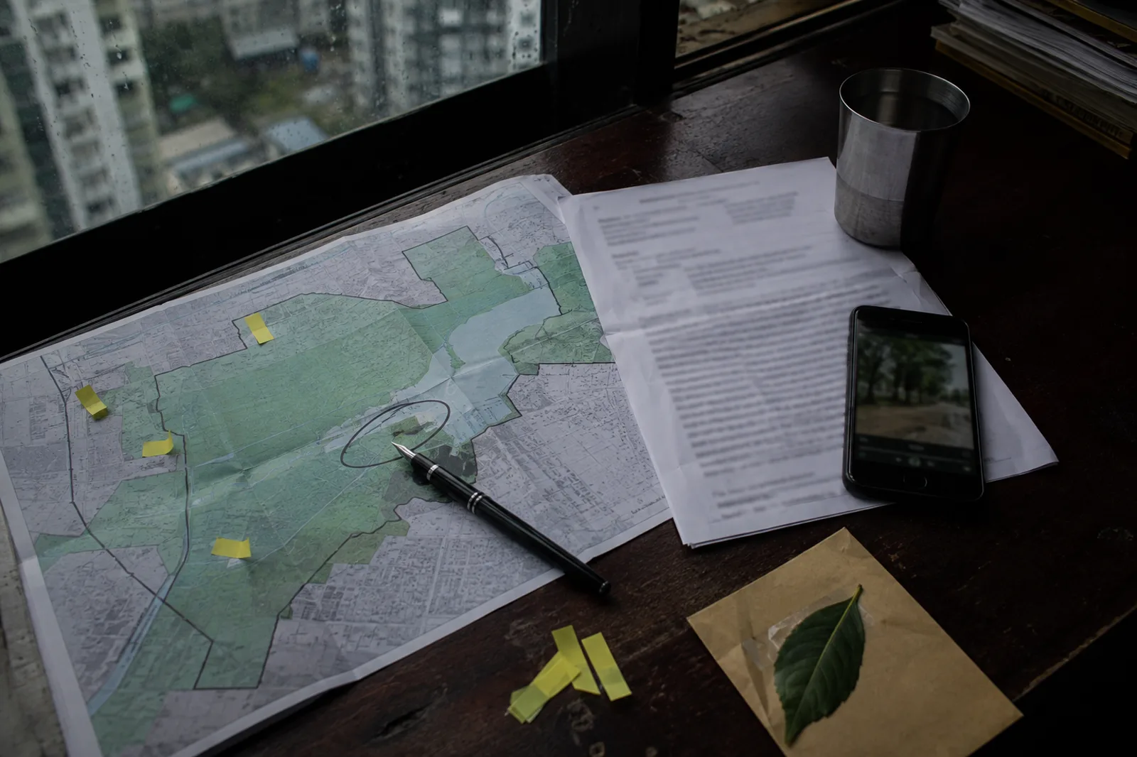 A field map, civic notice and site photograph arranged for civic casework