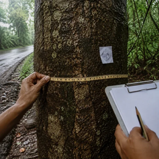 A roadside tree is measured and recorded during field verification